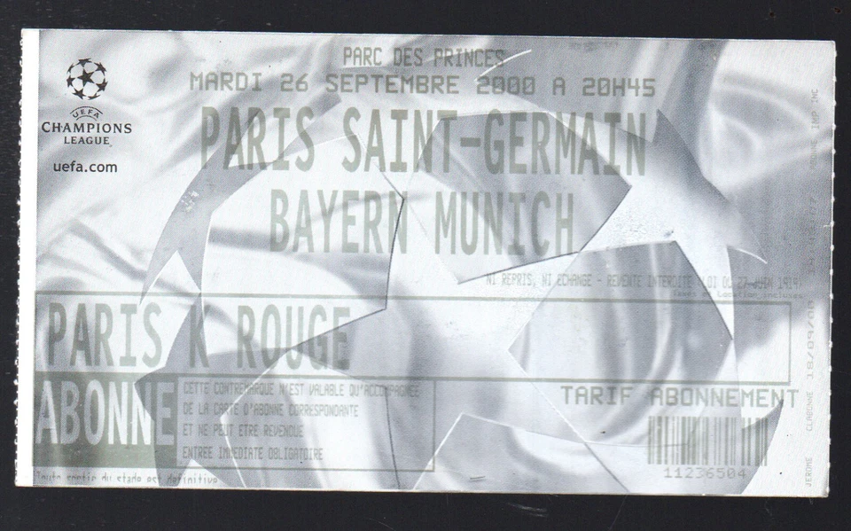 ticket football PSG-BAYERN MUNICH 26 SEPT 2000 P42177 - Photo 1/1