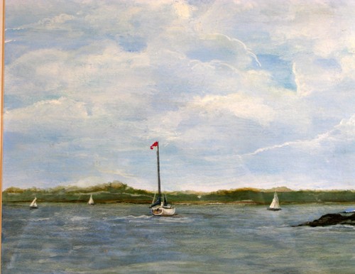 ORIGINAL RHODE ISLAND ARTIST LIGHTHOUSE PAINTING OCEAN SAILBOAT STUNNING !! - Picture 5 of 6