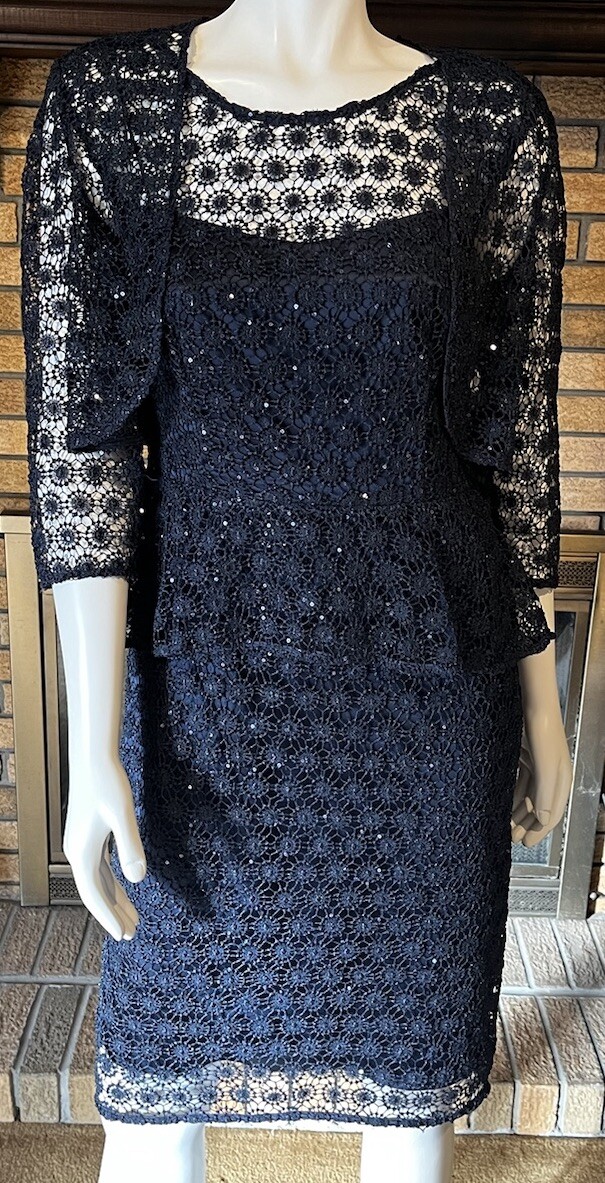 Kay Unger Under The Moonlight Navy Crochet Lace Sequin Jacket Dress Size  8/10