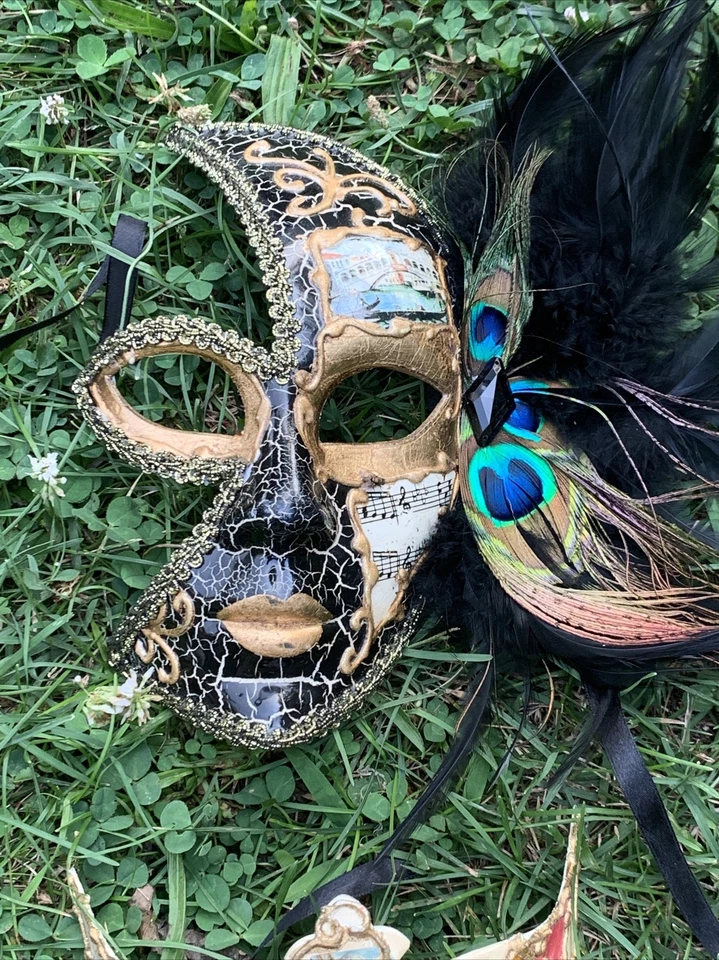 Vintage UNIQUE Mardi Gras Masks PEACOCK & VENICE MUSIC Italian SET 2 💜sj7m5s - Image 3 of 4