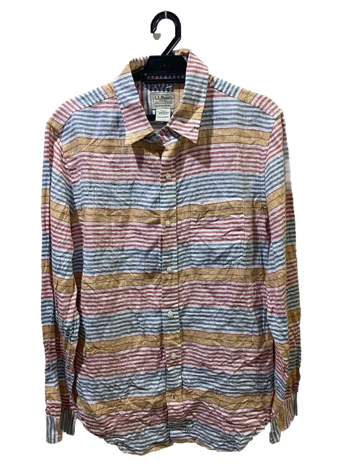 LL Bean 507164 Mens L 100% Linen Long Sleeve Button Up Red Blue Yellow Striped