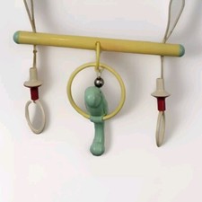 Vtg 60s Celluloid Baby Crib Mobile Parrot Bell Strap Ring Blue Yellow White Red