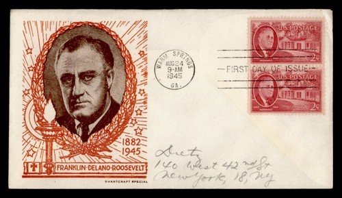 DR WHO 1945 FDC FDR ROOSEVELT SMARTCRAFT CACHET PAIR WARM SPRINGS m16576