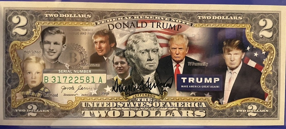 President DONALD TRUMP Life & Times, 2 Two Dollar Bill Legal Tender Bank dollars