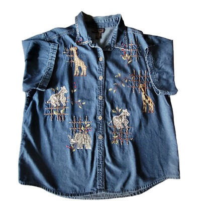 New Direction Womens Top 2X Denim Embroidered Animals Elephant Giraffe Zebra