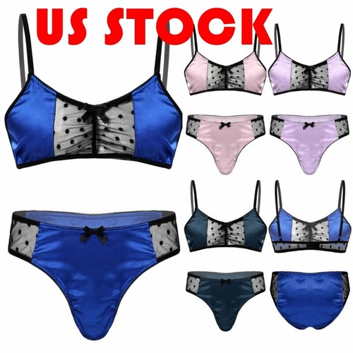 Men Sissy Satin Lingerie Set Sheer Mesh Bra Top Briefs Thong Underwear Nightwear - 第 1/30 張圖片