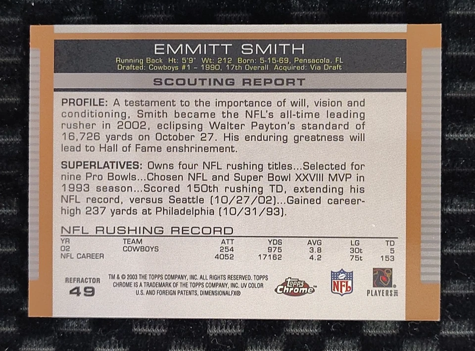 2003 Topps Draft Picks & Prospects Emmitt Smith Chrome Gold Refractor Cowboys - Image 2 of 2