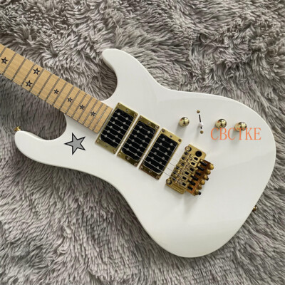 White Jersey Star ST Electric Guitar HHH Pickups Gold FR Bridge Maple Fretboard