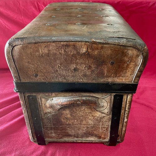 Antique LEATHER Wood Trunk, Storage Chest & Stool on Wheels - Picture 5 of 11