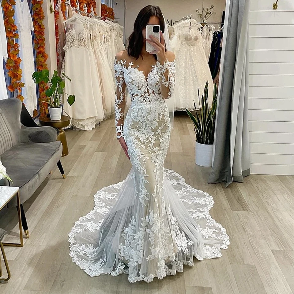 Vestidos de novia de encaje sirena mangas largas apliques botones sin espalda vestido de novia Foto 2 de 4