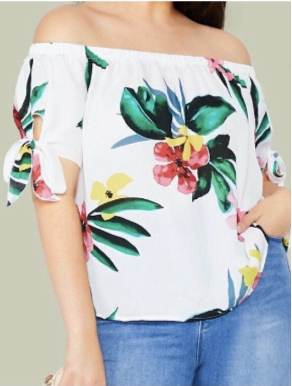 Sexy Top Womens Plus 3XL White Tropical Floral Off Shoulder