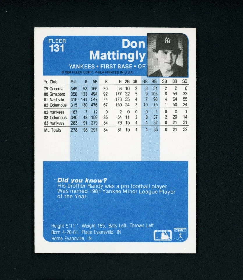 Don Mattingly 1984 Fleer RC - NY Yankees #131 MINT - Image 2 of 2