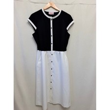 Vintage 70s Cheekaberry Black White Colorblock Button Front Midi Dress Size 14