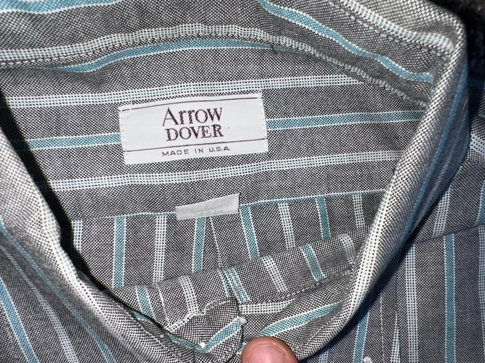 Arrow Dover Made in USA Oxford Shirt 16 34/35 Gray Green Stripe LS - Imagem 3 de 4