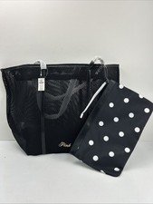 NWT Victoria's s Secret 2 pc Black Mesh Tote Bag Polka Dot Pouch
