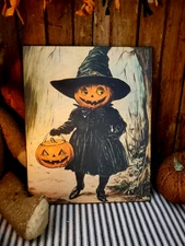 RETRO PRIMITIVE GOTHIC VINTAGE STYLE HALLOWEEN GRINNING PUMPKIN HEAD WITCH SIGN