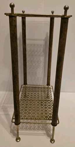 VTG MCM Metal Roman Grille Brass & Walnut Table - Atomic Telephone Stand - Image 1
