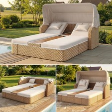Garden Rattan Daybed 2 Seater Wicker Sun Bed Lounger w/ Canopy Outdoor Furniture