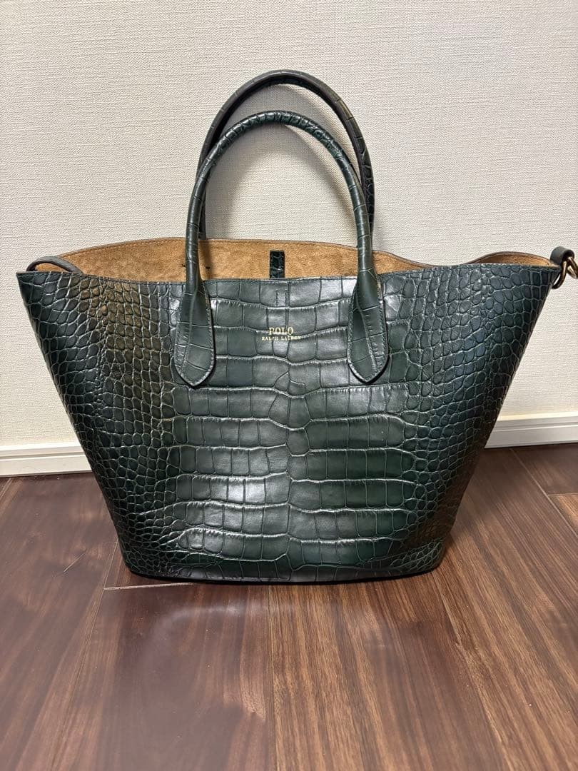 Polo Ralph Lauren Bellport Embossed Croc Leather Tote Shoulder Bag Dark Green