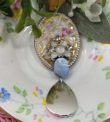 Mosaic Handcrafted 1'' Pendant Pink and Gold with Tear Drop Blue Silver Dangle