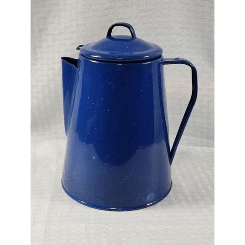 Vintage Blue Speckled Enamelware Coffee Percolator Pot with Lid and Filter 8.5in
