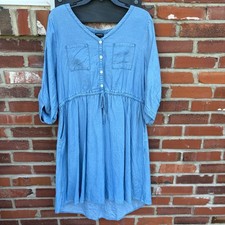 Torrid Blue Lyocell Chambray Shirt Dress Roll Tab Sleeve Pockets Plus Size 1 1X