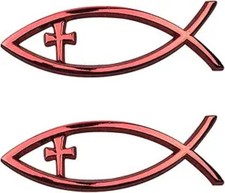 2-Pack 3D Cross Fish Emblem Decals, Waterproof Christian Symbol Sti Color: Red