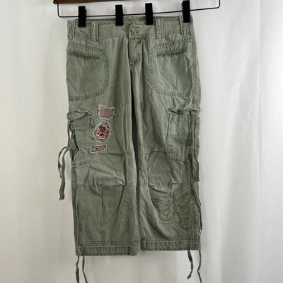 Myth Of Jade Jean Capris Sz 5 Cargo Style Embroidered OliveGreen Boho Hippie Y2K