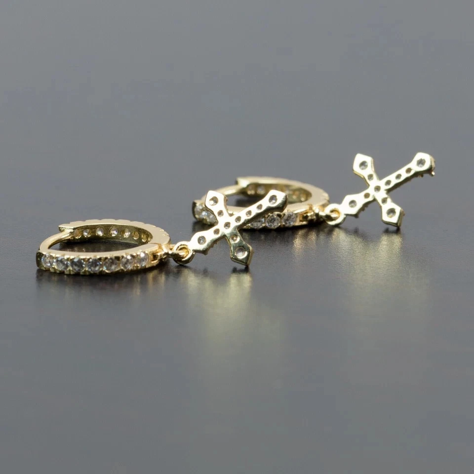 Pendientes colgantes de moissanita blanca de corte redondo de 2 quilates para hombre enchapados en oro amarillo de 14 quilates Foto 3 de 4