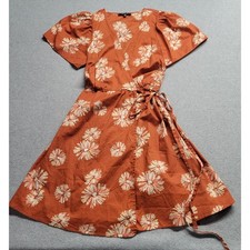 Madewell Rust Orange Floral Wrap Mini Dress Short Flutter Sleeve XS Daisy Print