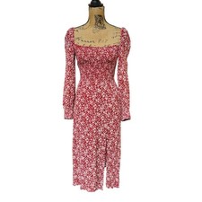 Reformation Red White Floral Smocked Midi Dress Long Sleeve Square Neck Viscose