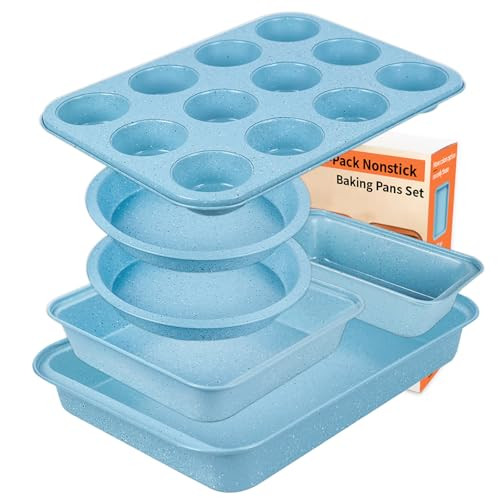 6 Pieces Baking Pans Set Blue Non Stick Bakeware Sets Stackable, Toaster Oven - Picture 2 of 7