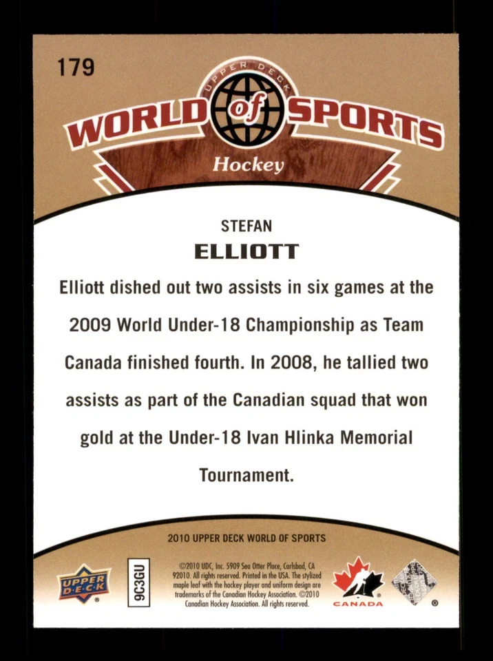 179 Stefan Elliott Canada 2010 Upper Deck Hockey Sports Trading Card - Image 2 of 2