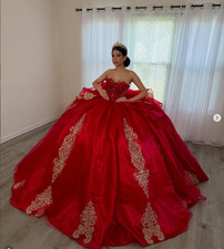 Red Quinceanera Dresses Sweetheart Gold Appliques Satin Sweet 16 Party Ball Gown