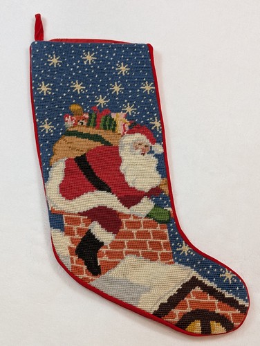 Vintage Christmas Stocking Wool Needlepoint Santa Chimney Roof Bag of Toys Stars