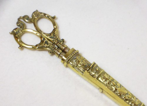 Antique Victorian Sewing Scissors Dagger w/ Brass Handles & Sheath - Picture 9 of 22