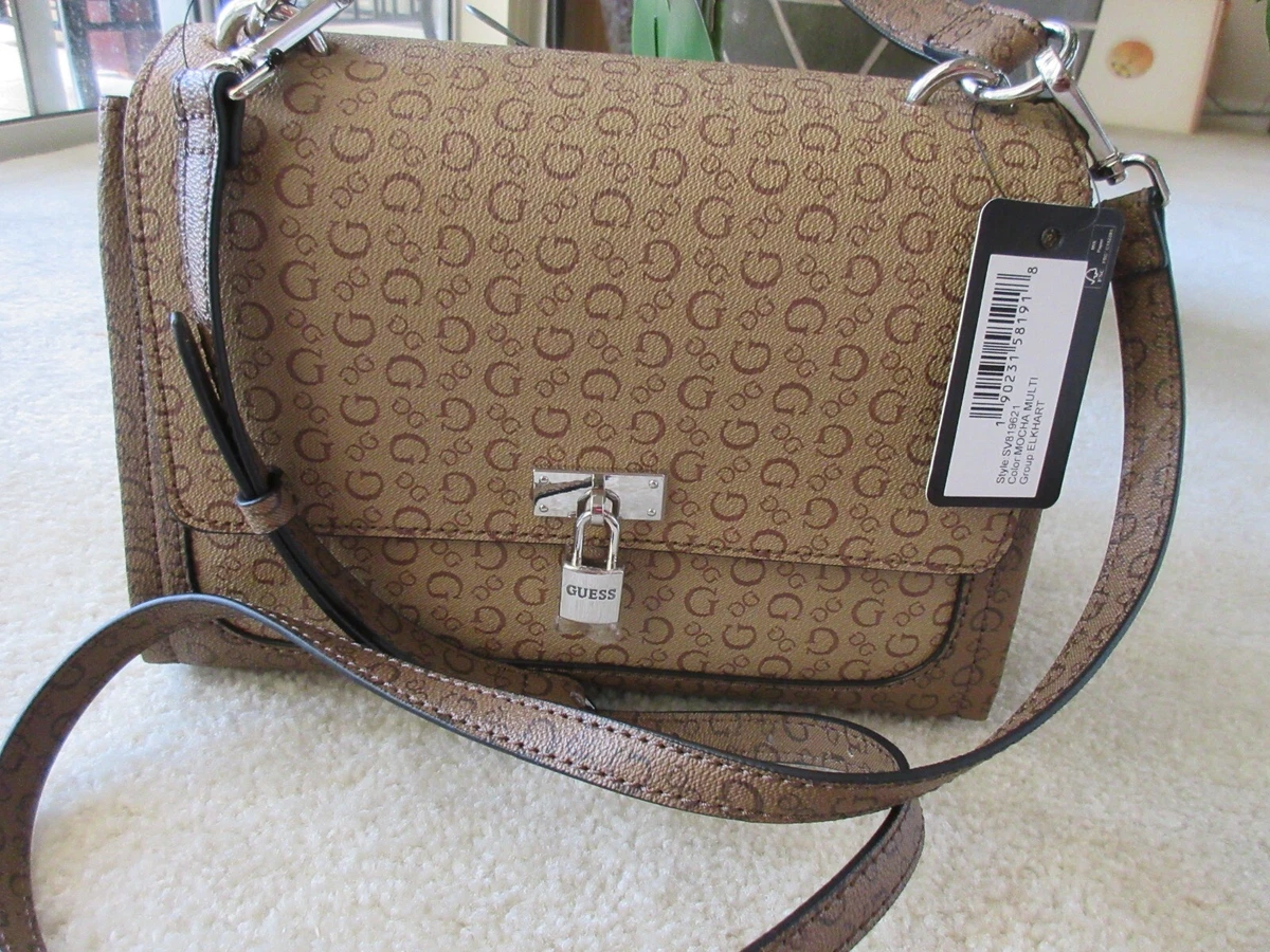 Guess Elkhart Satchel/Crossbody Bag Mocha Multi With Guess Charm New With  Tag