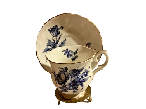 Vintage Crown Staffordshire Bone China Blue Floral Footed Teacup &Saucer