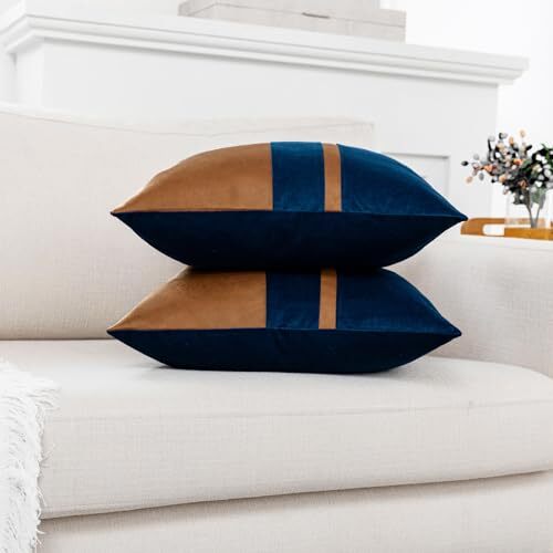 Set of 2 Dark Blue and 18" x 18" (Pack of 2) Brown Leather & Dark Blue Velvet - Foto 4 di 7