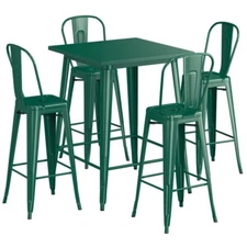 32" Square Emerald Metal Restaurant Bar Table Set with 4 Cafe Barstool