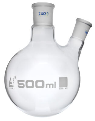 Distilling Flask, 500ml - Oblique Neck with Joint & Side Socket - Eisco Labs