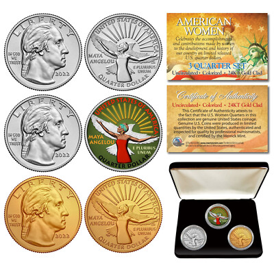 MAYA ANGELOU 3-Coin Set 2022 American Women Quarters (Color Gold UNC) with BOX