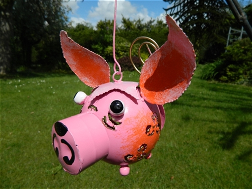 Metal Pig Garden Ornament Hanging Tea light Candle Holder - Pink Pig