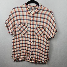 A New Day Top Woman’s Size XL White Orange Blue Plaid Short Sleeve Button Up