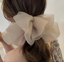 Khaki Chiffon Double Layer Stylish Big Bow Hair Clip All Hair Types Non Slip