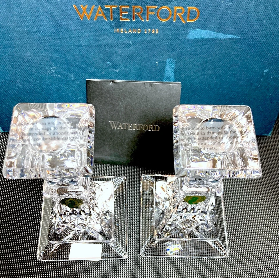 PORTAVELAS WATERFORD LISMORE CRISTAL BASE CUADRADA HECHO A MANO 6" 2 PIEZAS 1060913 NUEVO Foto 4 de 4