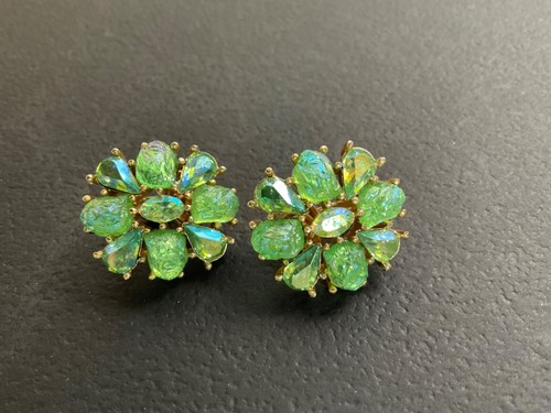 Trifari Ohrring's Etoile Aurora Borealis Green Lava Strass Clip On Vintage - Bild 5 von 9