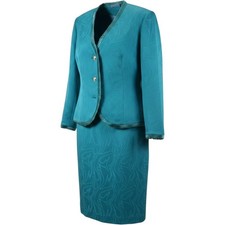 Anne Crimmins UMI Collections Skirt Suit Teal Silk Jacquard Jeweled Women 16