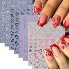 8 Sheets Heart Nail Stickers Wavy Line Nail Design 3D Self-Adhesive black heart