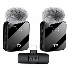 Wireless Clip-On Microphone Set 2 Mics 1 USB-C Receiver for iPhone Android